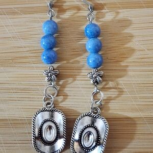 Hand Crafted Cowboy Hat Silver and Blue Beaded Earrings with Floral Accent